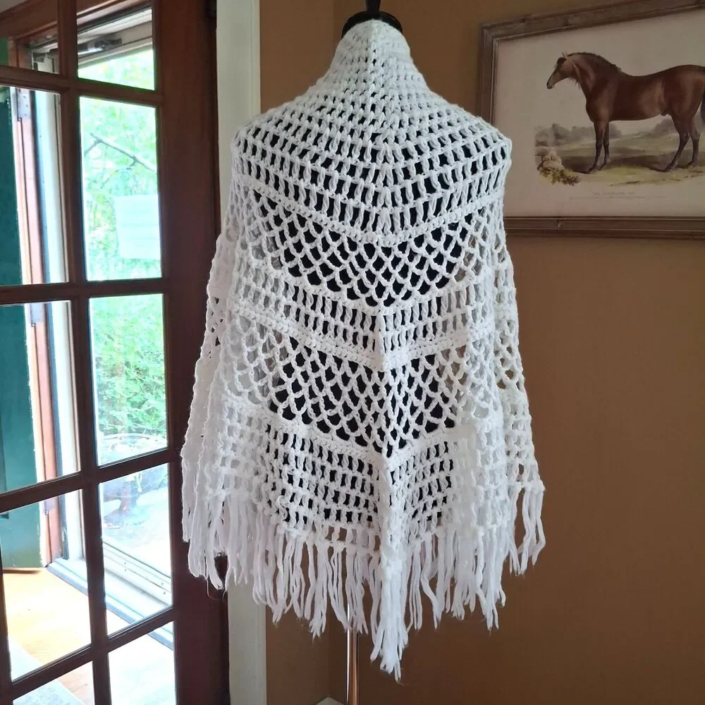 Vintage White Crochet Shawl Wrap – Open Weave – Long Fringe – Boho Hippie